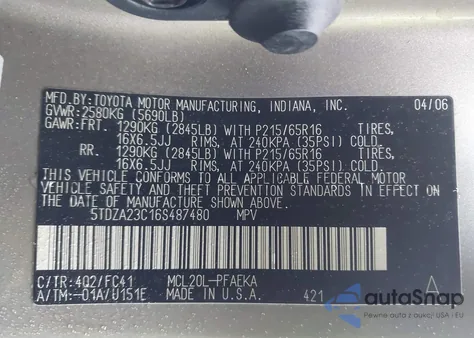 2006 Toyota Sienna Le from USA, damaged, VIN 5TDZA23C16S487480